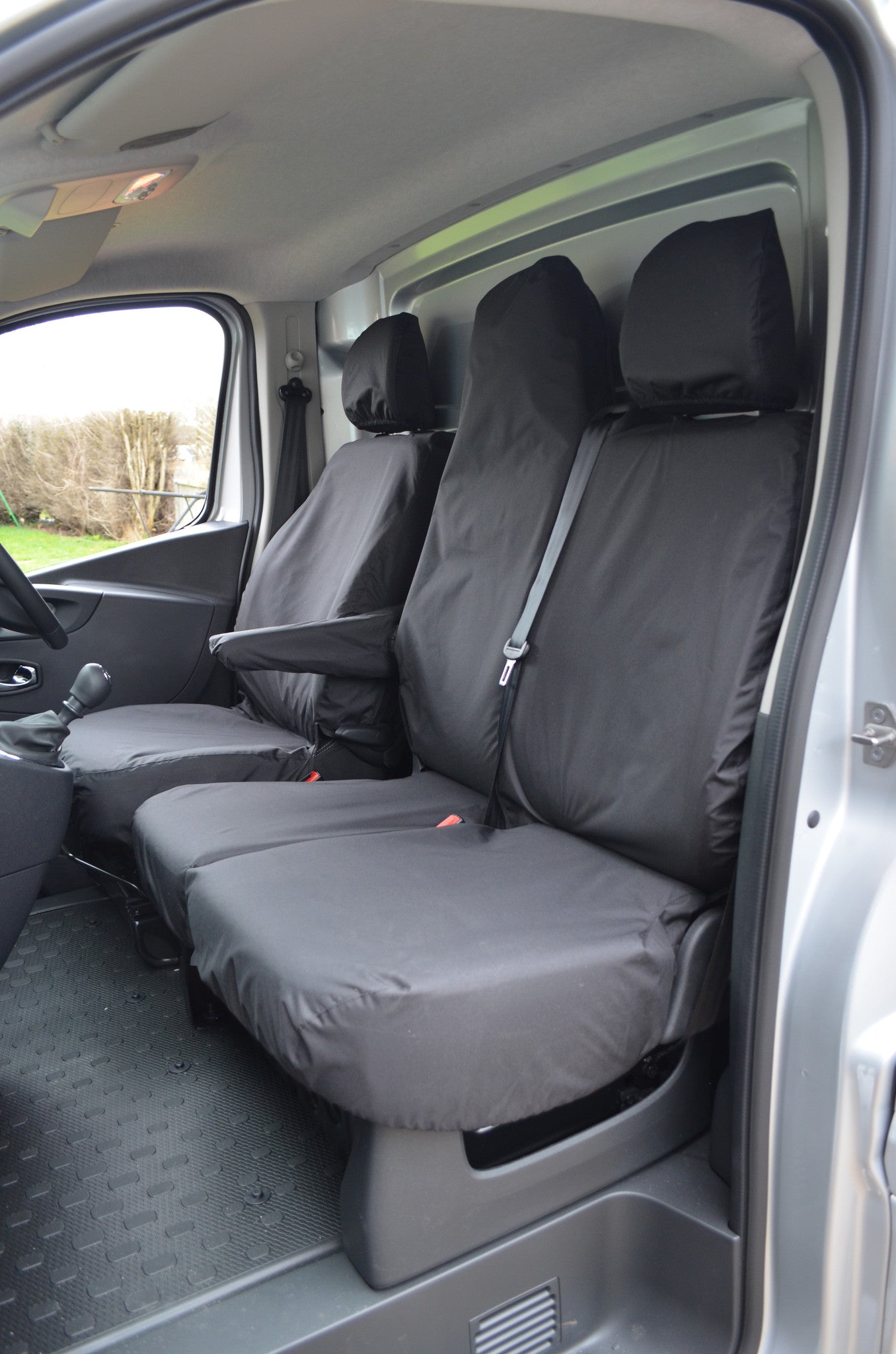 Renault Trafic Van 2014 Onwards Tailored Front Seat Covers Black / Folding Middle Seat &amp; Underseat Storage Scutes Ltd