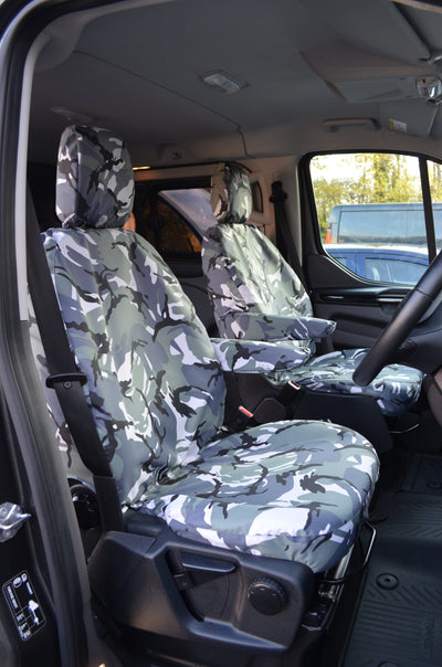 Ford Transit Custom 2013 Onwards Tailored Front Seat Covers Grey Camouflage / Driver's &amp; Single Passenger Scutes Ltd