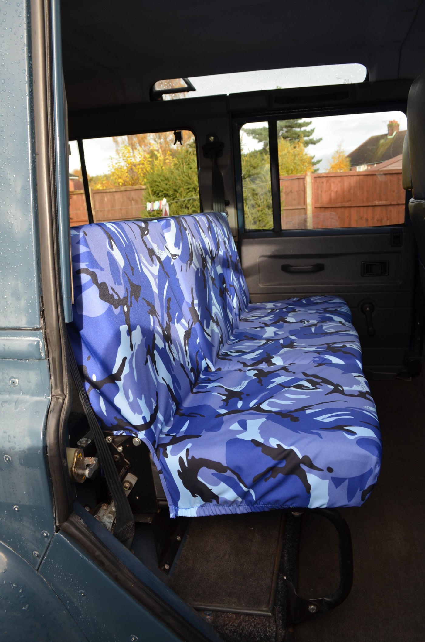 Land Rover Defender 1983 - 2007 Rear Seat Covers 2nd Row 3 Singles / Blue Camouflage Scutes Ltd