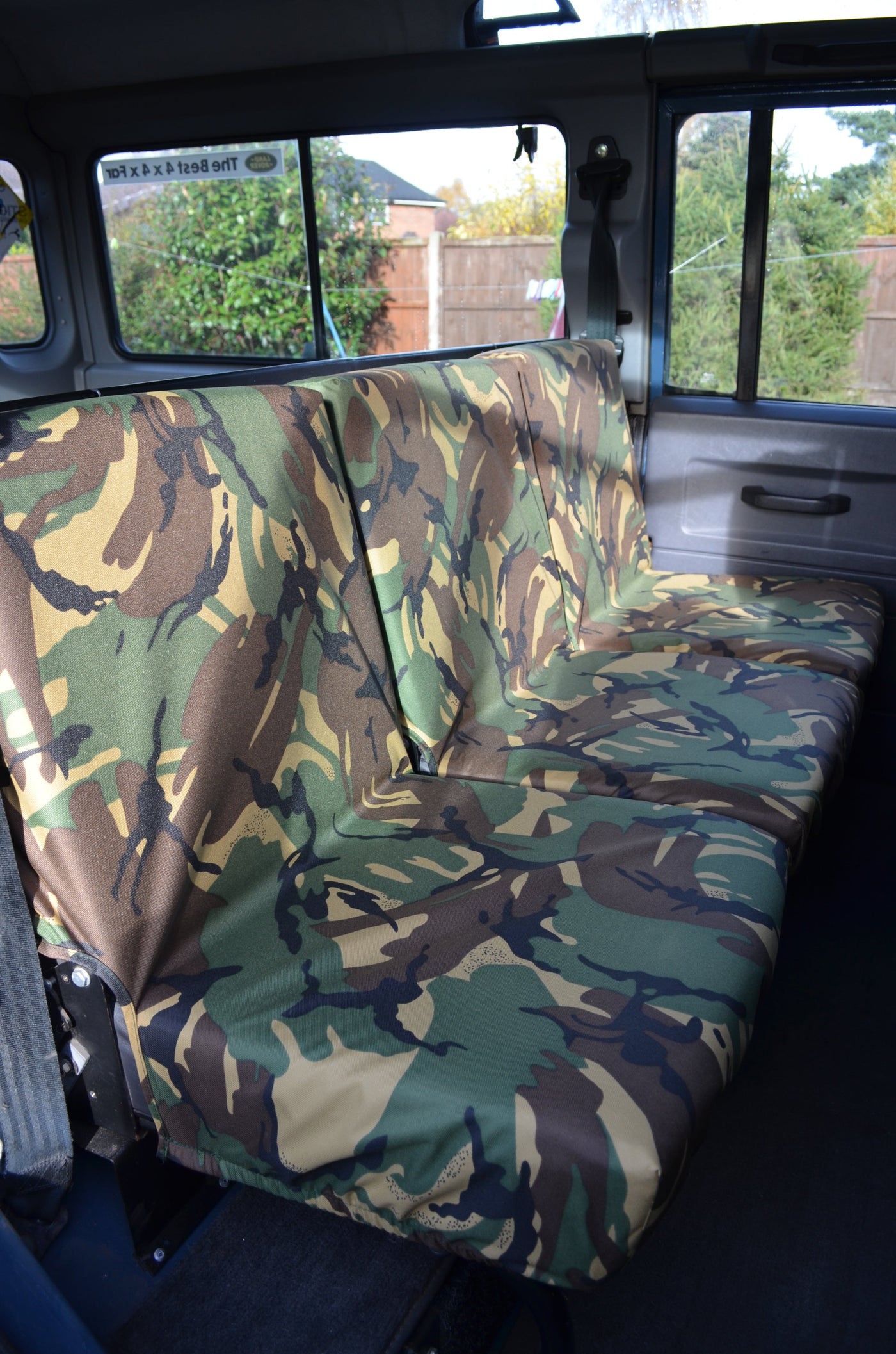 Land Rover Defender 1983 - 2007 Rear Seat Covers 2nd Row 3 Singles / Green Camouflage Scutes Ltd