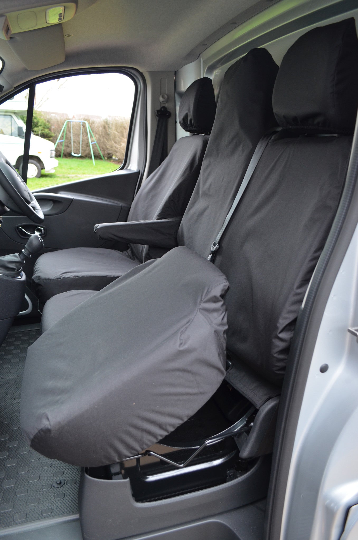 Vauxhall Vivaro 2014 - 2019 Tailored Front Seat Covers Black / Folding Middle Seat &amp; Underseat Storage Scutes Ltd