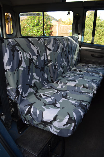Land Rover Defender 1983 - 2007 Rear Seat Covers 2nd Row 3 Singles / Grey Camouflage Scutes Ltd