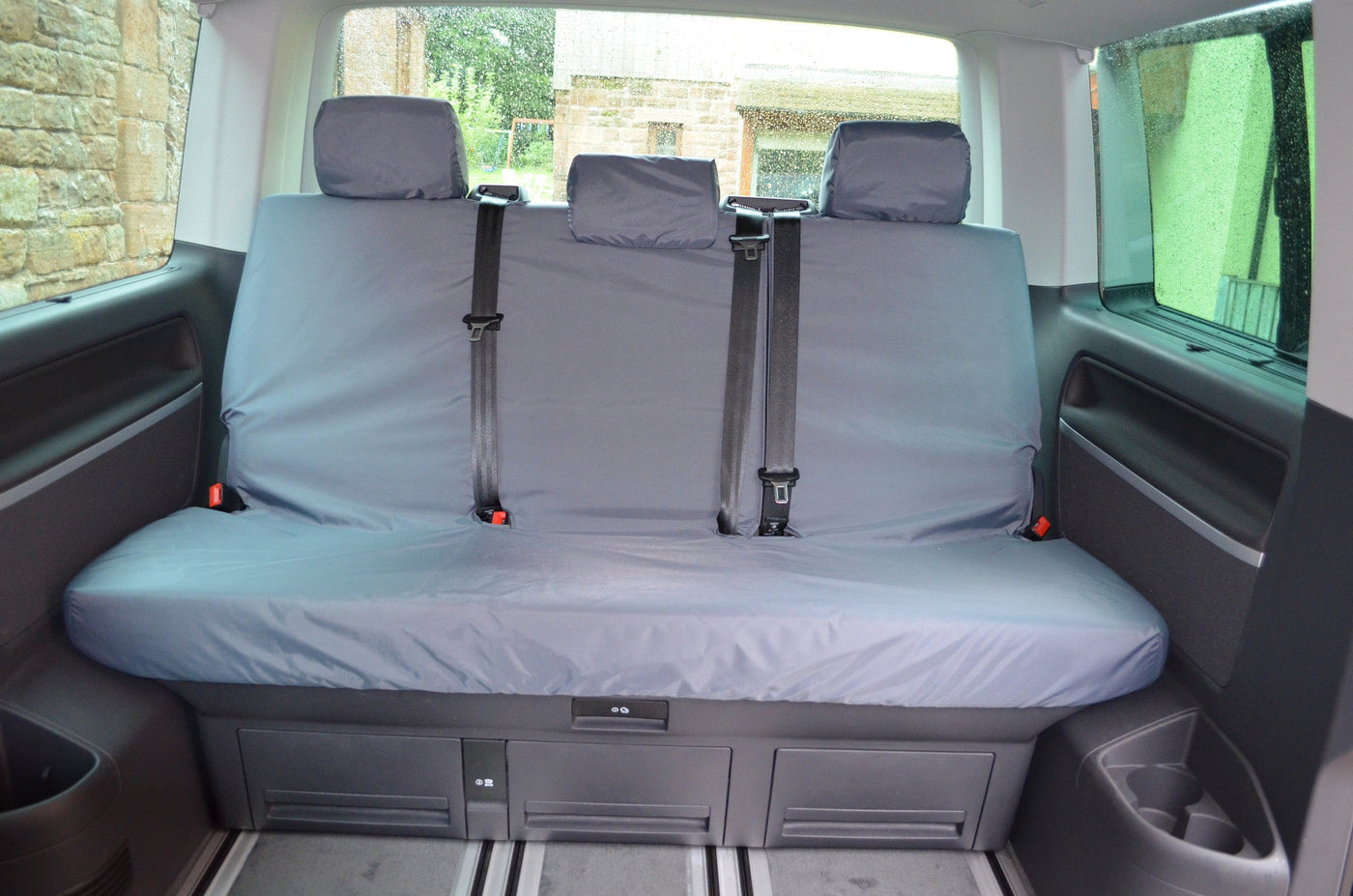 VW Volkswagen T6 Caravelle 2015+ Tailored Seat Covers Rear 3-Seater Bench / Grey Scutes Ltd