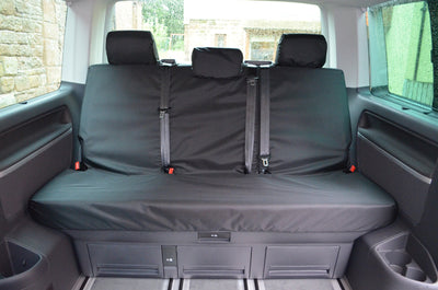 VW Volkswagen T6 Caravelle 2015+ Tailored Seat Covers Rear 3-Seater Bench / Black Scutes Ltd