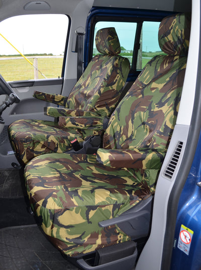 VW Volkswagen Transporter T5 2010 - 2015 Front Seat Covers Green Camouflage / Driver's &amp; Single Passenger / With Armrests Scutes Ltd