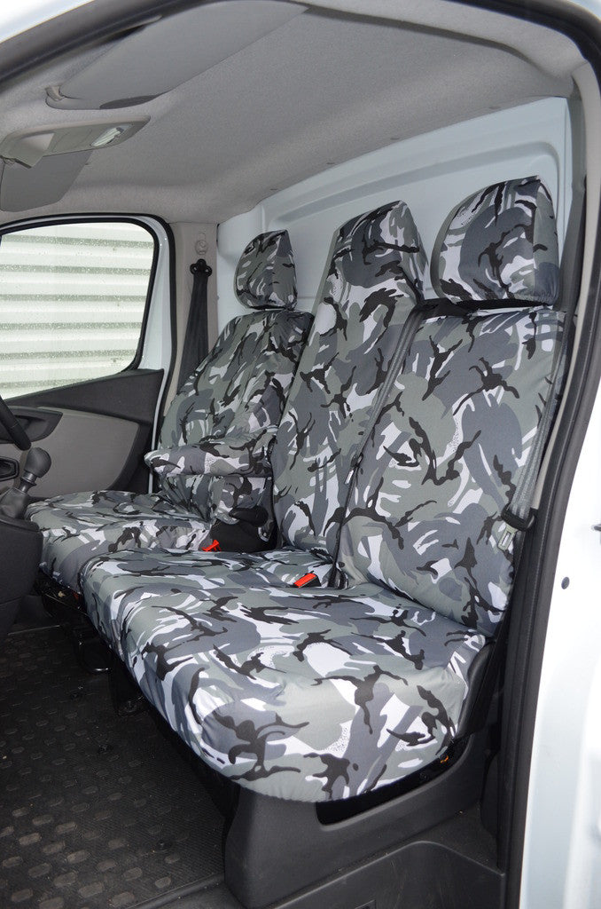 Fiat Talento 2016+ Waterproof and Tailored Front Seat Covers Grey Camouflage / Folding Middle Seat &amp; Underseat Storage Scutes Ltd