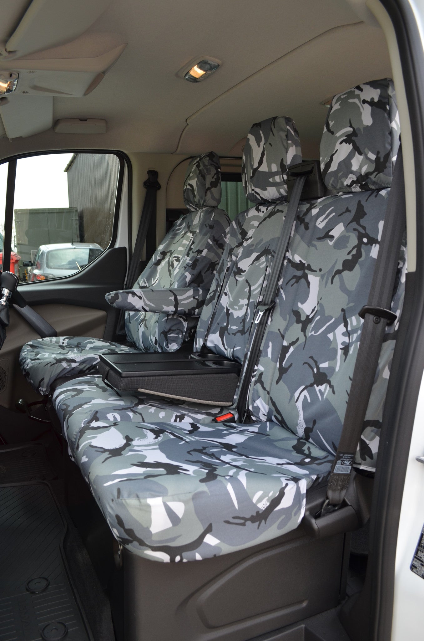 Ford Transit Custom 2013 Onwards Tailored Front Seat Covers Grey Camouflage / Driver's &amp; Double Passenger WITH Worktray Scutes Ltd