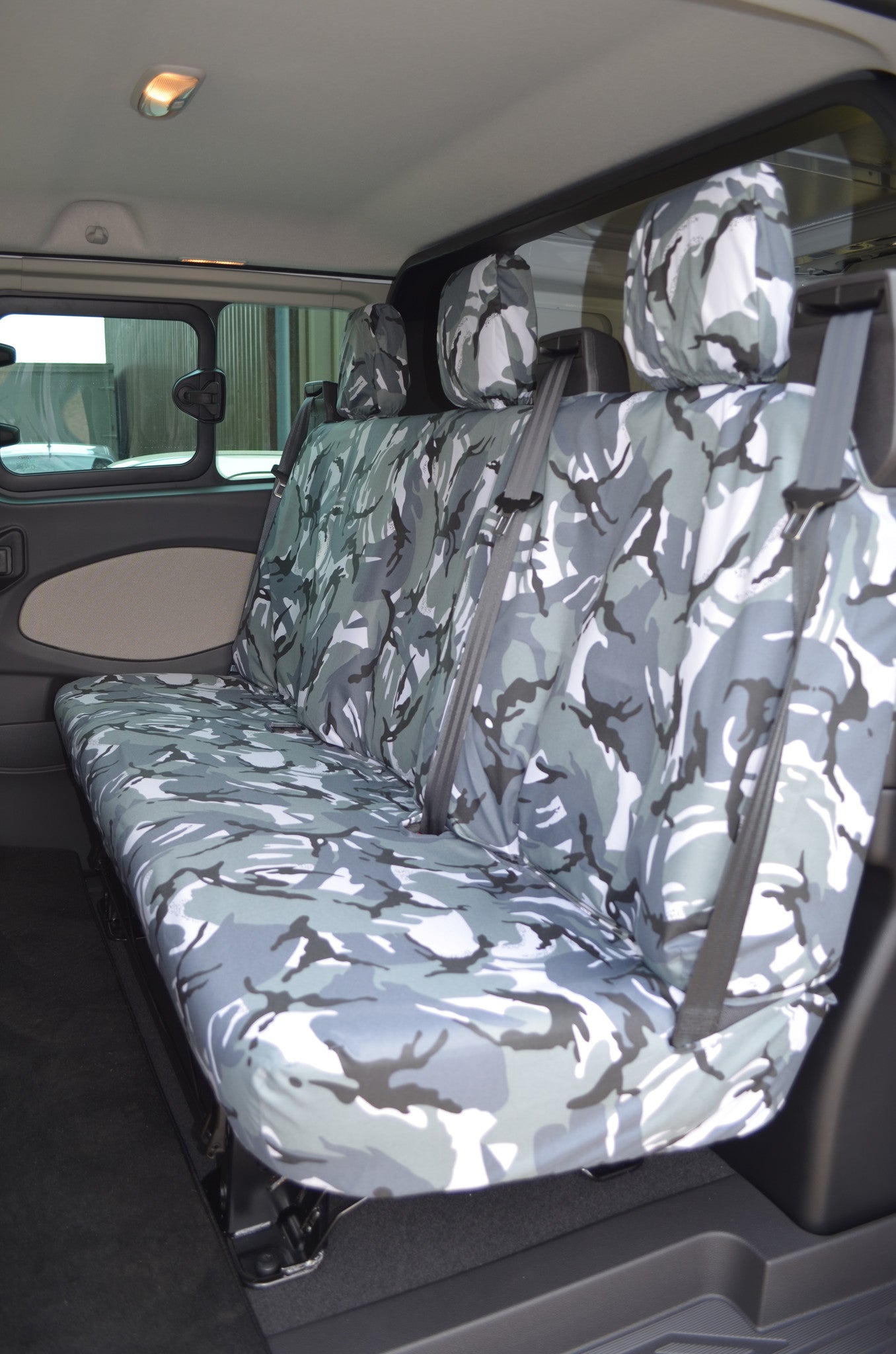 Ford Transit Custom 2013+ Tailored &amp; Waterproof Rear 3-Seater Bench Seat Cover Grey Camouflage Scutes Ltd