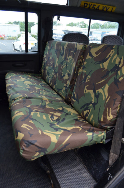 Land Rover Defender 1983 - 2007 Rear Seat Covers 2nd Row Single &amp; Double / Green Camouflage Scutes Ltd