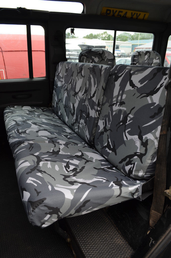 Land Rover Defender 1983 - 2007 Rear Seat Covers 2nd Row Single &amp; Double / Grey Camouflage Scutes Ltd