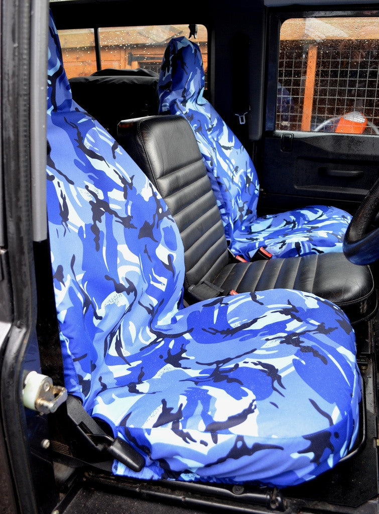 Land Rover Defender 1983 - 2007 Front Seat Covers Front Pair / Blue Camouflage Scutes Ltd