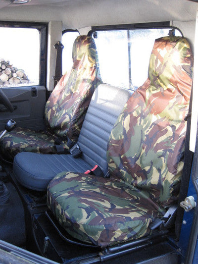 Land Rover Defender 1983 - 2007 Front Seat Covers Front Pair / Green Camouflage Scutes Ltd