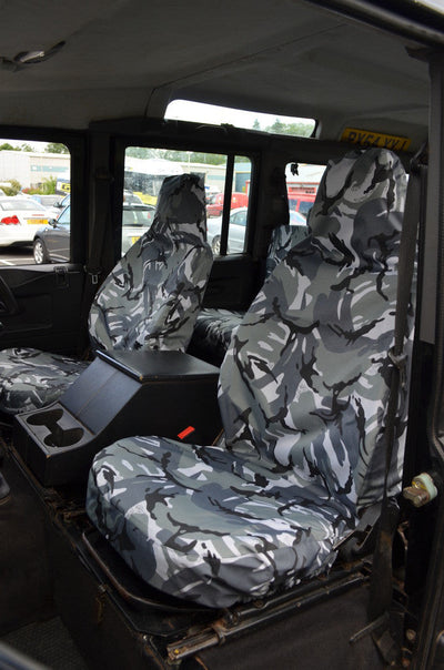 Land Rover Defender 1983 - 2007 Front Seat Covers Front Pair / Grey Camouflage Scutes Ltd