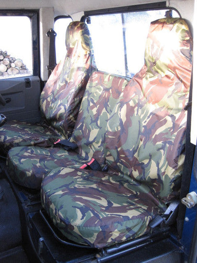 Land Rover Defender 1983 - 2007 Front Seat Covers 3 Front Seats / Green Camouflage Scutes Ltd
