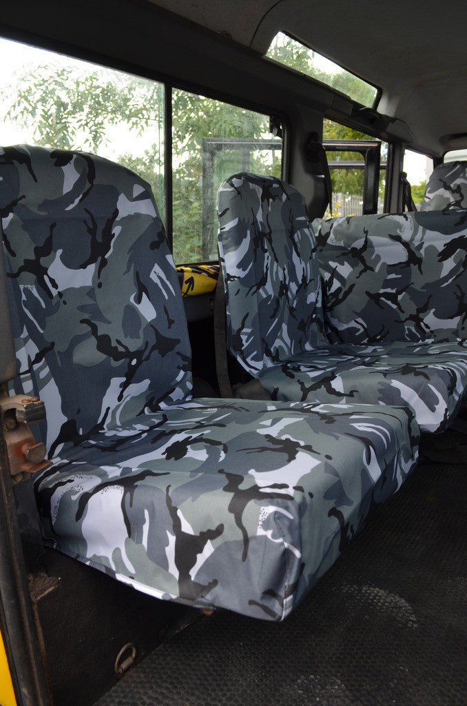 Land Rover Defender 1983 - 2007 Rear Seat Covers Set of 2 Dicky Seats / Grey Camouflage Scutes Ltd