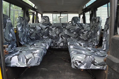 Land Rover Defender 1983 - 2007 Rear Seat Covers Set of 4 Dicky Seats / Grey Camouflage Scutes Ltd