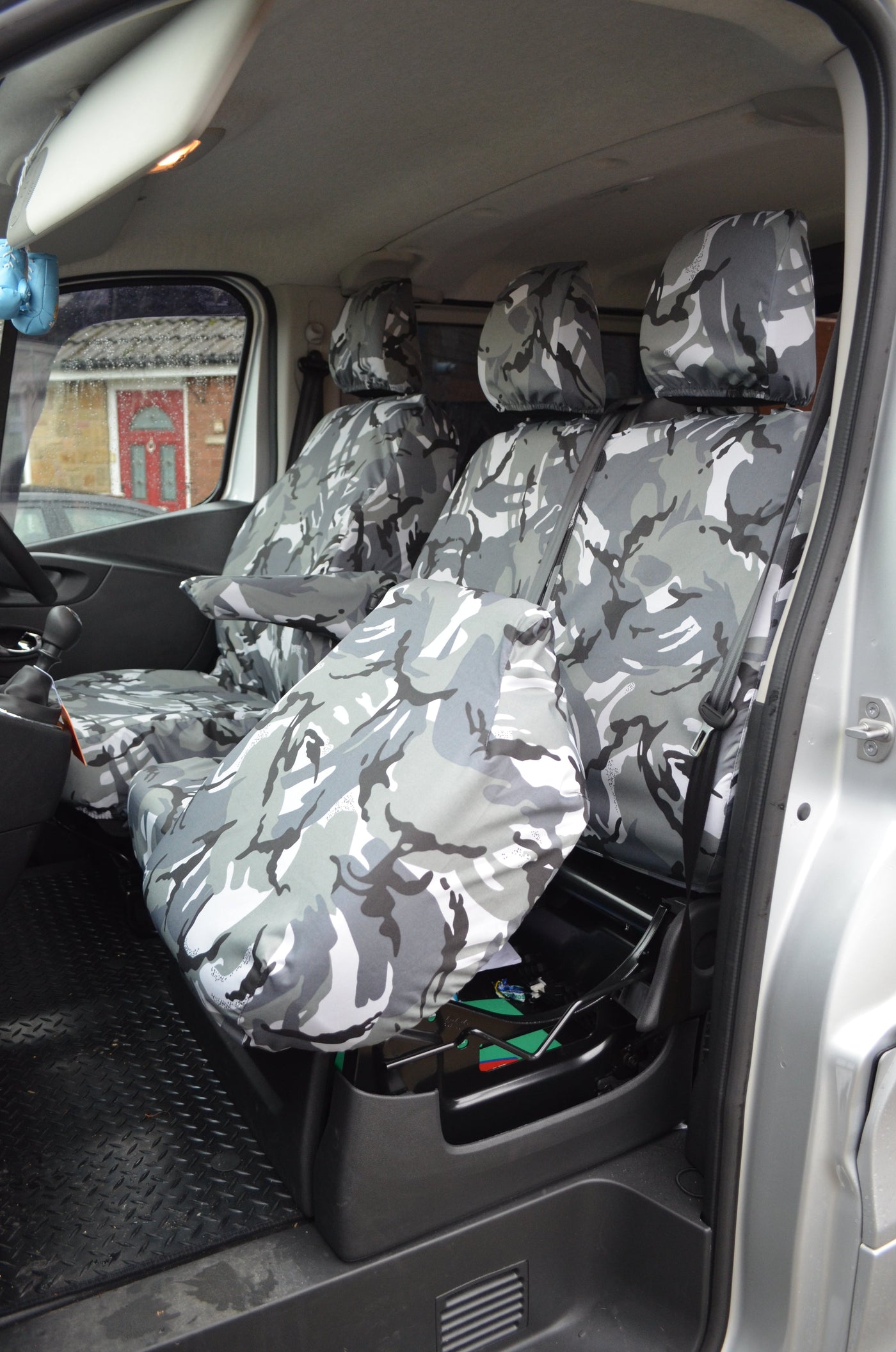 Vauxhall Vivaro 2014 - 2019 Tailored Front Seat Covers Grey Camouflage / Separate Headrests &amp; Underseat Storage Scutes Ltd