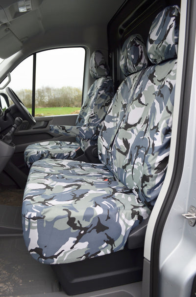 VW Crafter 2017+ Van Tailored &amp; Waterproof Seat Covers Grey Camouflage / Fronts Scutes Ltd